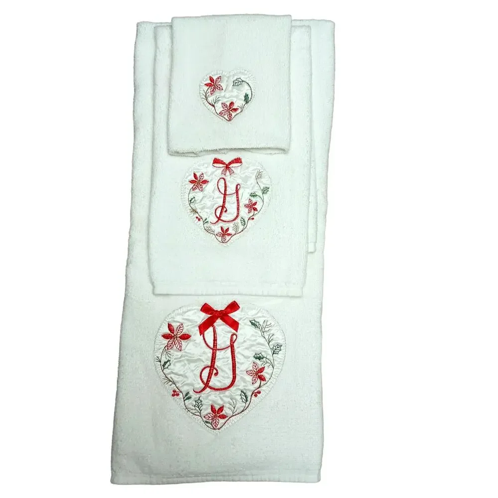 🎄Vintage Christmas Towel Set Monogram G Heart 💖 Holiday Bath Distressed